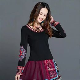 Vintage T Shirt Women Autumn Spring Mexico Style Hippie Ethnic Long Sleeve O Neck Black Floral Tshirt Tee Tops 240412