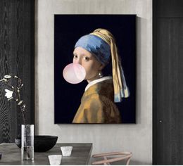 Girl with Pearl Earrings Famous Art Canvas Oil Painting Reproductions Girl Blow Pink Bubbles Wall Art Posters Picture Home Decor3409460