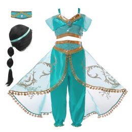 Pants Princess Jasmine Dress for Girls Halloween Cosplay Party Fantasy Costumes Top Pants 2pcs Set Kids Lace Casual Sleeveless Dresses