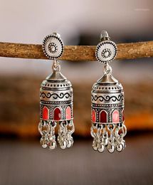 Retro Bollywood Oxidised Womens Jewellery Ethnic Silver Carved Afghan Bell Tassel Drop Jhumka Earrings Wedding Jewelry14696623