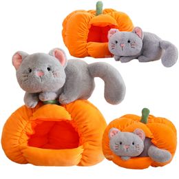 Creative Grey Cat in Pumpkin Pet Nest White Dog Plush Toy Halloween Holiday Decor Parsty Doll Birthday Present
