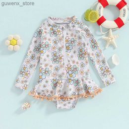 One-Pieces 1-6T Little Girl 2024 Summer Swimming Suit Beach Long sleeved Plush Ball Round Neck Wave Head Decorative Zipper Flower Swimsuit Y240412