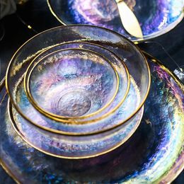 Bowls Colorful Gold-painted Glass Bowl Plate Transparent Hammered Salad Fruit