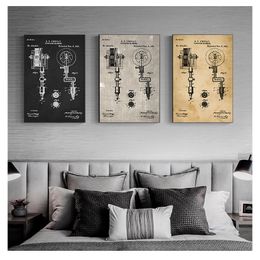 Tattoo Parlour Wall Art Canvas Painting Posters Decor Vintage Blueprint Picture Decorations First Tattoo Machine Patent Prints