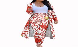 Women Samoan Polynesian Plumeria Flower Print Pant Suits Fashion Thin Skinny Cardigan Long Pants Two Pieces Clothing Suit3789779