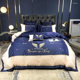 Bedding Sets Luxury Smooth Soft 600TC Silk Cotton Set Gold Wing Embroidery Duvet Cover Fitted Bed Sheet Pillowcase Home Textiles