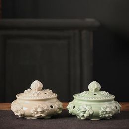 Porcelain Relief Lotus Coil Incense Holder Chinese Style Chan Aromatherapy Burner Lotus Censer Living Room Home Decor