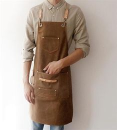 BBQ Canvas Apron Bib Leather Chef Kitchen For Women Men Barista Bartender Pockets Home Barber Cook Coffee Restaurant LJ2008154983225