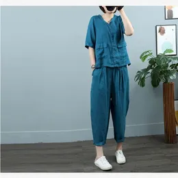 Women's Two Piece Pants Literature Sets Vintage Half Sleeve Loose Solid Shirts And Casual Harem Korean Style Women Outfits