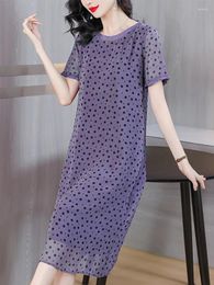 Party Dresses Midi Casual Summer Women Chiffon Dress 2024 O-Neck Playa Purple Dots Short Sleeve Korean Fashion Elegant Festa Luxo Prom