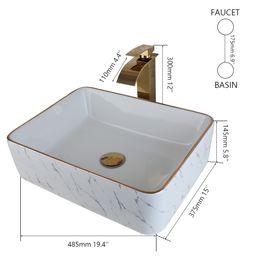 KEMAIDI Modern Gold Edge Square White Ceramic Bathroom Vessel Sink Faucet Tap Set Ceramic Basin Wash Basin Bathroom Sink Counter