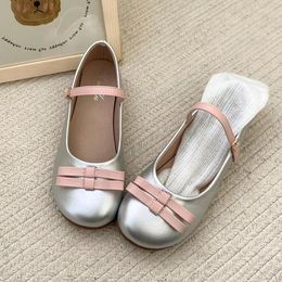 Casual Shoes Flat Bottom Mary Jane Single Female Bowknot Silvery Women's Small Leather Solid Colour Simple All-match Women