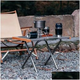 Camp Furniture Outdoor Cam Portable Stainless Steel Folding Table For Tea Making Picnic Bbq Cooking With Storage Bag Drop Delivery Spo Otxp0