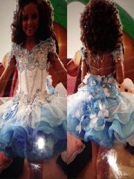 Lovely Organza Mini Glitz Girls039 Pageant Dresses Off The Shoulder Beaded Rhinestones Cupcake Blue White Little Flower Girl Dr1210503