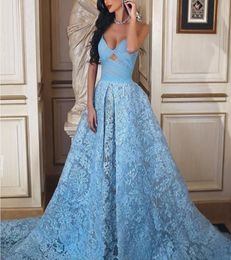 Glamorous SkyBlue Prom Dresses Sexy Spaghetti Straps Ruched Sleeveless Key Hole Party Dresses Saudi Lace Applique ALine Evening 6198951