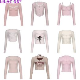 Women's T-Shirt Y2K Swt Lace Trim Long Slve Corset Crop Tops Korean Style Cute Aesthetic Slim T-Shirt Women Basic Ts Autumn Pullovers T240412