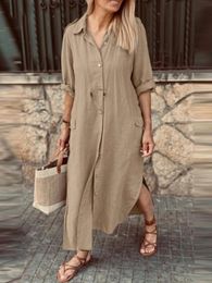 Autumn Cotton and Hemp Womens Long Dress Loose Single Breasted Solid Colour Shirt Casual 240412