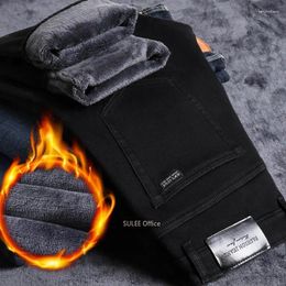 Men's Jeans Winter Fleece Warm Classic Style Business Casual Thicken Regular Fit Denim Pants Black Blue Brand Trousers