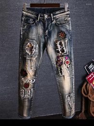 Men's Jeans 2024 Fashion Brand Embroidered Slim Fit Elastic Retro Hole Patch Personalized Denim Pants