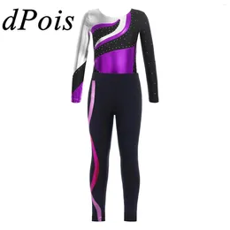 Stage Wear Kids Long Sleeve Bodysuit Jumpsuit Girls Gymnastics Leotard With Pants Dancewear Set For Children Exercise Ballet Dance Outfits