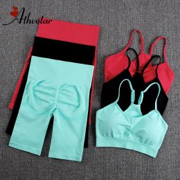 Shorts Athvotar Female Sports Sets Summer Short Set Quick Dry Yoga Set Female Two Piece 2pcs Gym Suits Shorts Outfits Sportwear