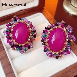Stud Earrings HUANZHI 2024 Vintage Rose Red Oval Rhinestone For Women Girls Charm Party Jewelry