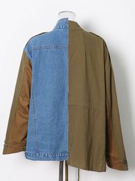 KBQ Asymmetrical Hem Patchwork Denim Coats For Women Lapel Long Sleeve Spliced Zipper Hit Colour Loose Chic Jackets Female New