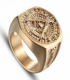 2020 Vintage Crystal Masonic Gold Colour Stainless Steel Men Ring New mason Male Rings For Women Mens Jewellery Wedding Ring Sets8385201