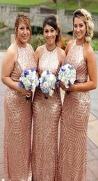 Rose Gold Sequined Mermaid Bridesmaid Dresses 2022 Sexy Halter Neck Floor Length Elegant Women Wedding Party Dress Plus Size1930414