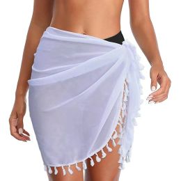 Women Beach Bikini Swimwears Cover Ups Solid Scarf Tassel Thin Transparent Bathing Wrap Knot Pareo Casual Short Skirt 50x180cm