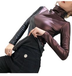 Fashion new women autumn winter turtleneck warm plus velvet PU leather Colour block long sleeve tops shirts plus size SMLXLXXL3XL4XL