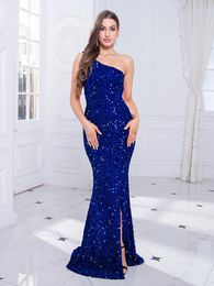 Casual Dresses Blue One Shoulder Evening Party Dress Velvet Sequined Sleeveless Split Open Back Mermaid Floor Length Gown Women 2024