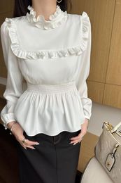 Women's Blouses 2024 Spring/Summer Wear Lace Small Stand Collar Waist Elastic And Waisted Design Shirt 0302