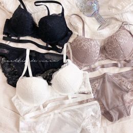 Bras Hollow Out Highquality White Lace Sexy Bra and Panty Set Europe America Thin Thick Push Up Women Underwear Plus Size Lingerie