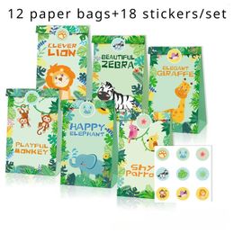 Gift Wrap 12 Pcs Candy Box Jungle Animal Party Bags Wild Animals Theme S Paper Bag With Stickers Favour