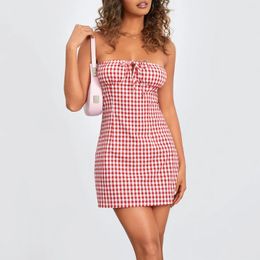 Casual Dresses Summer Women's Bodycon Mini Dress Strapless Backless Tie-up Plaid Slim Fit Sweet Tube For Club Party