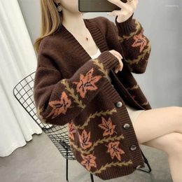 Women's Knits Knitted Cardigan Beautiful Sweater With Pattern V-neck Button Khaki Ladies Autumn