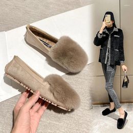 Casual Shoes Bushy Fur Flats Woman 35-43 Big Size Cozy Furry Moccasins Winter Keep Warm Rubber Platform Plush Loafers For Women