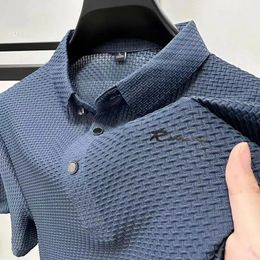 Letter Print Ice Silk Short Sleeved Men Polo Shirts Summer Hollow Out Elastic Breathable T-shirt Fashion Lapel Casual Brand 240407
