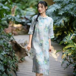 Casual Dresses Johnature Vintage 2024 Summer Women Dress Stand Seven Sleeve Ramie Cheongsam Print Floral Female Button Chinese Style