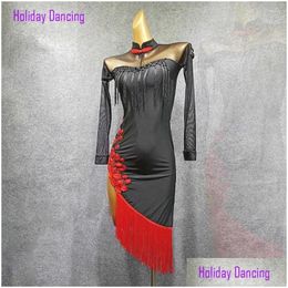 Stage Wear Women Latin Dance Dress Long Sleeve Red Tassel Y Dancing Practise Cloth Samba Tango Chacha Performamnce W252 Drop Delivery Otaqe