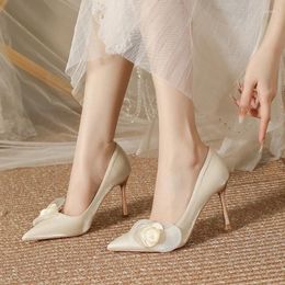 Dress Shoes Large/small Size 30-44 Satin Stiletto Heel Pointed Toe Women's Flower Solid Colour Beige Sardine Fabric Thin