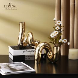 Vases Nordic Luxury Gold Decorative Arc-shape Candlestick Tabletop Decoration Plating Ceramic Flower Vase For Home Decor