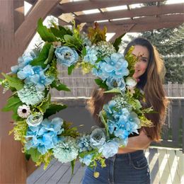 Decorative Flowers Blue False Flower Wreath Front Door Decoration Decor Garland Xmas Cottage Farmhouse Bulk For Wreaths