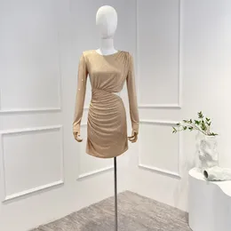 Casual Dresses 2024 Autumn Top Quality Beige Cut Out Long Sleeve Shiny Diamonds Mini For Fashion Lady Party Outfit