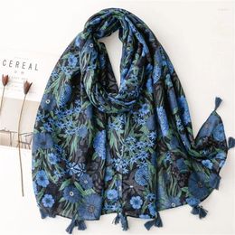 Scarves Aztec Abstract Navy Blue Floral Tassel Viscose Shawl Scarf High Quality Print Soft Foulards Bufandas Muslim Hijab Sjaal 180 90Cm