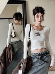 Women's T Shirts Deeptown Y2K American Retro Star Women Harajuku Grunge Slim Basic Crop Tops Vintage Casual Long Sleeve Tees Aesthetic