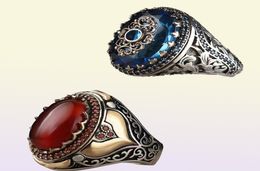 Wedding Rings Vintage Handmade Carved Turkish Signet For Men Inlaid Red Black Zircon Stone Trendy Islamic Religious Muslim Jewelry3236628