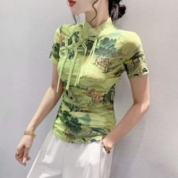 #6816 Chinese Style Vintage 3D Printed Mesh T Shirt Women Stand Collar Buttons Sexy Ribbons Thin Skinny Tshirt Short Sleeve