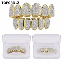 Hip Hop Iced Out CZ Gold Teeth Grillz Caps Top and Bottom Diamond Tooth Grillzs Set For Men Women Gift Grills3676782